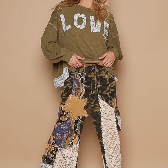 POL Tops - New POL Clothing Women's Oversized Floral Love Patchwork Long Sleeve Knit Top